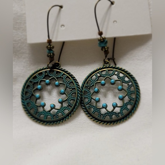 Vintage Bohemian Turquoise Bronze Retro Hook Dangle Earrings - Picture 1 of 5